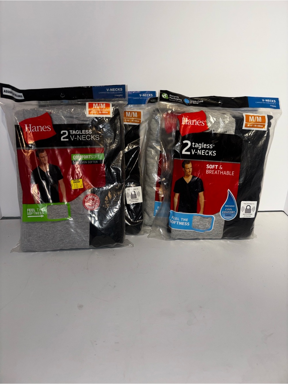 Hanes Men's Tagless V-Neck Tees — Black & Gray 2-Pack Bundle (includes 4 packs)